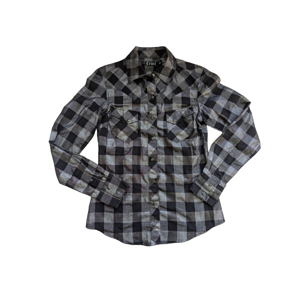 Cruel XS Metallic Silver Black Plaid Pearl Snap Western Shirt Shimmer Cotton